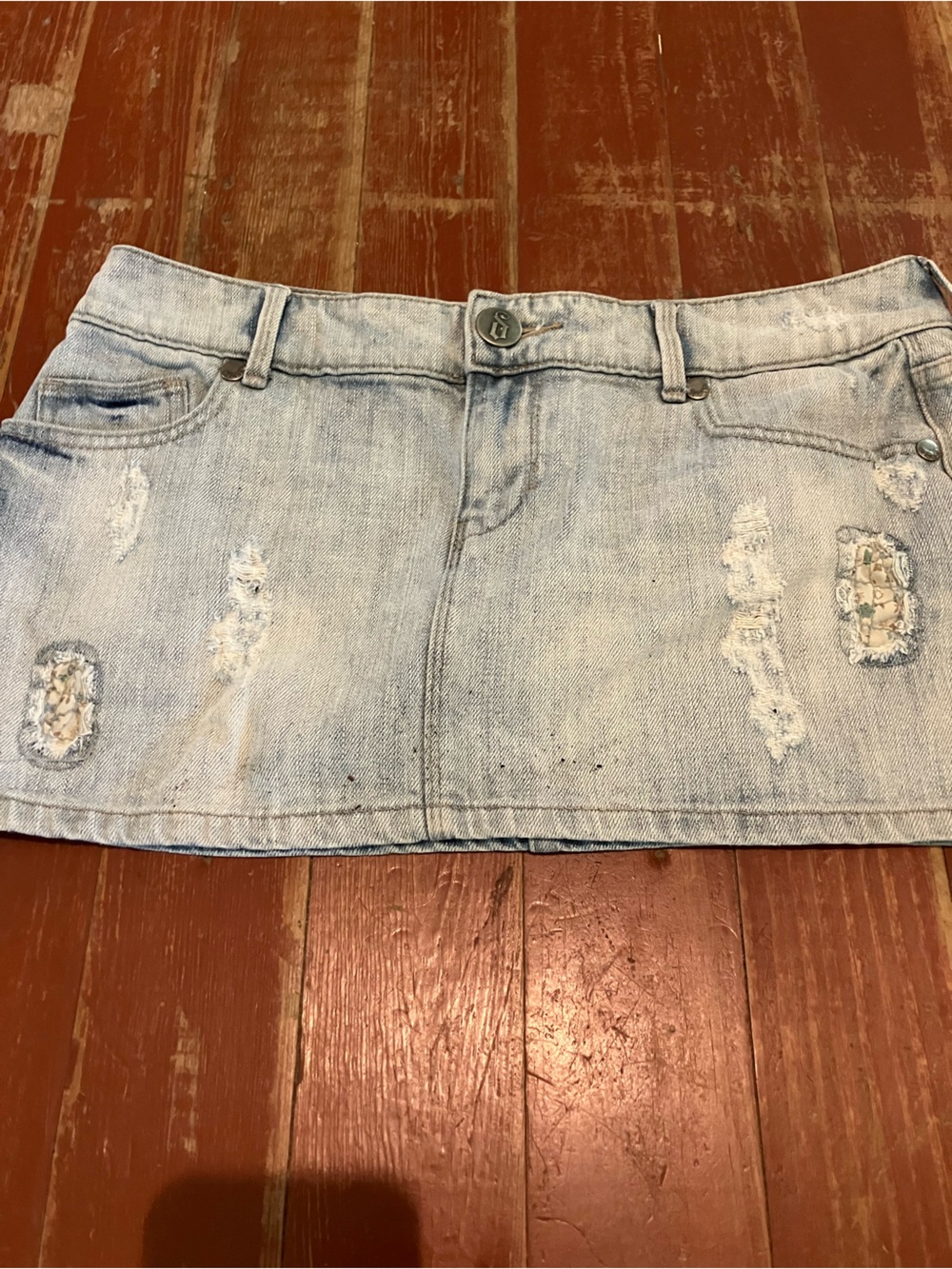 Decree Light Wash Distressed Denim Mini Skirt